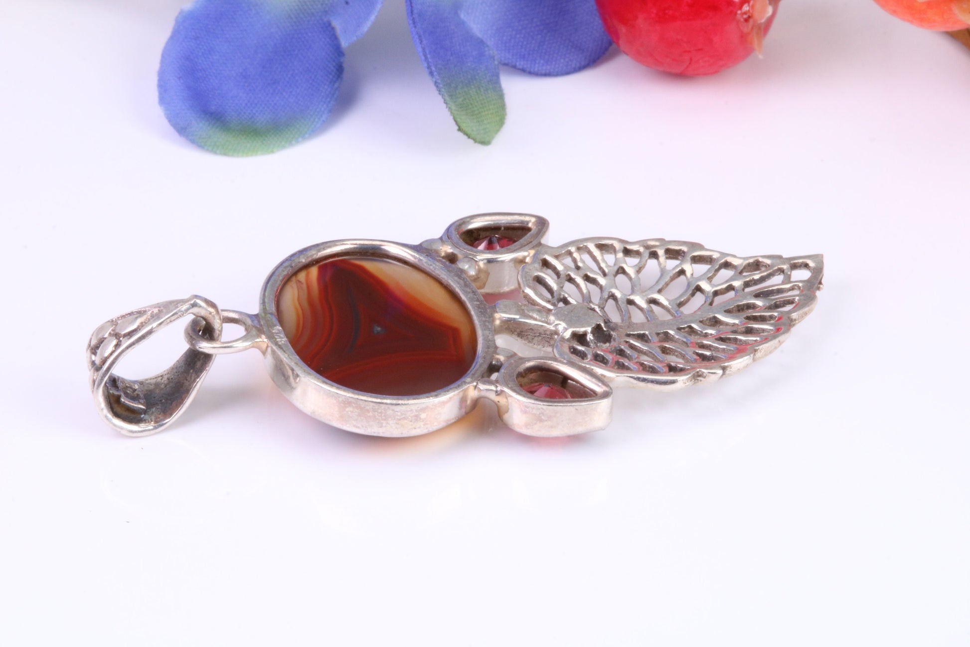 Large Brown Agate and Garnet Pendant set in Sterling Silver