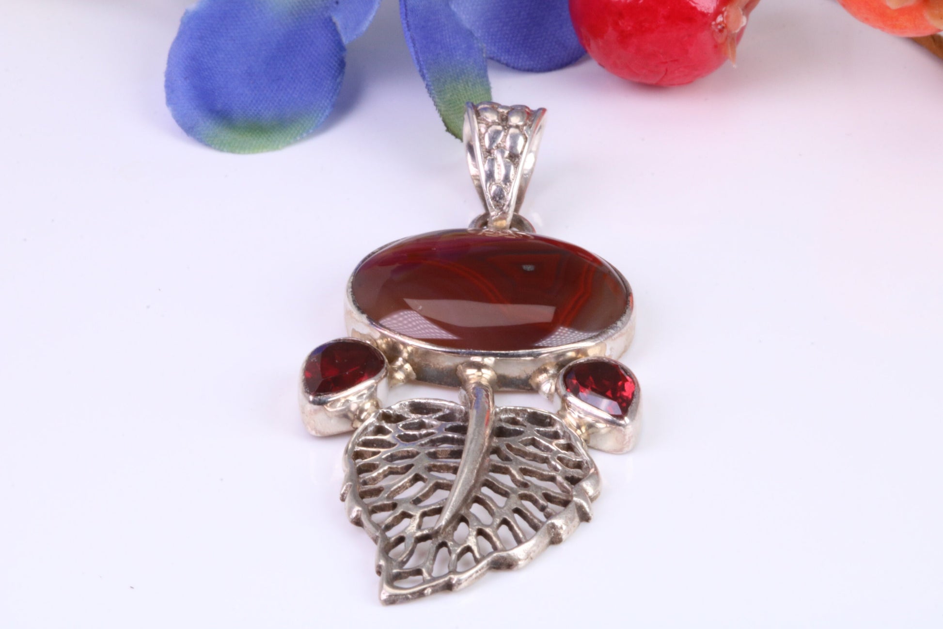 Large Brown Agate and Garnet Pendant set in Sterling Silver