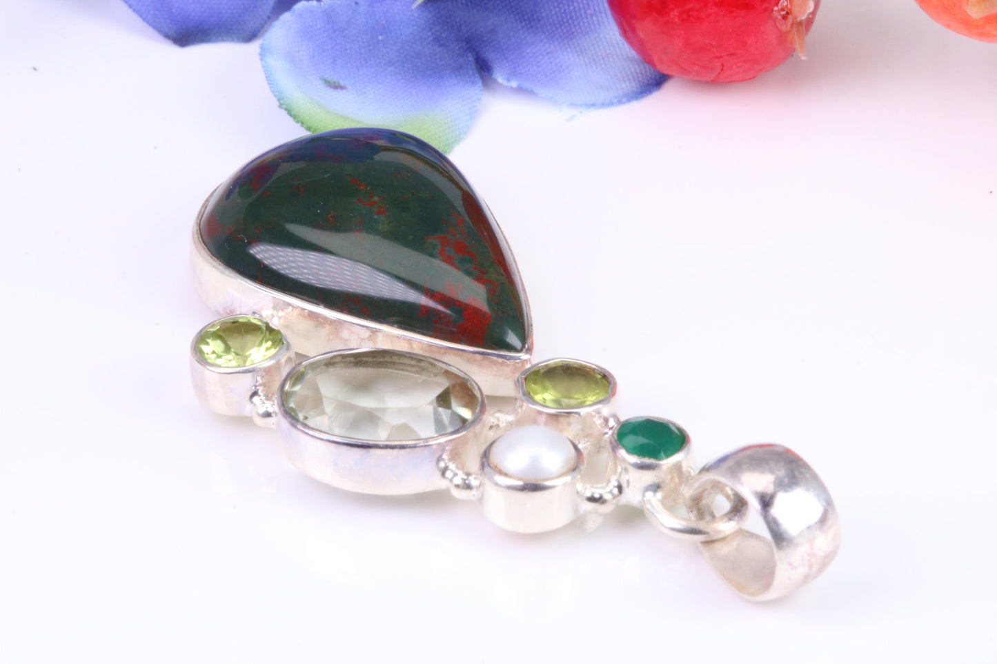 Multi Gemstones set Sterling Silver Pendant
