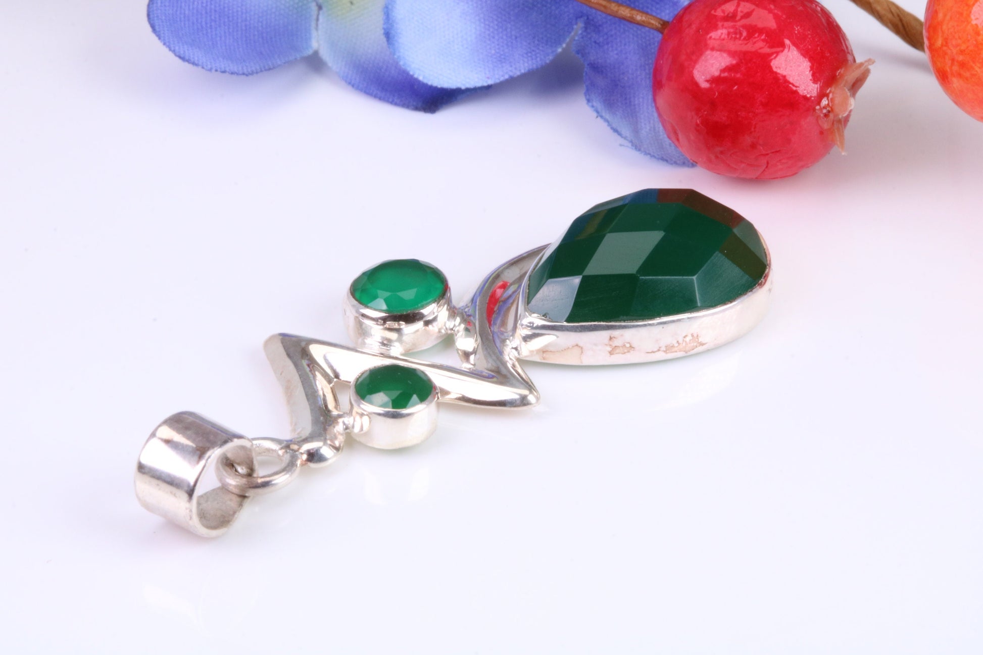 Very Large Green Agate and Emerald C Z Pendant in Sterling Silver