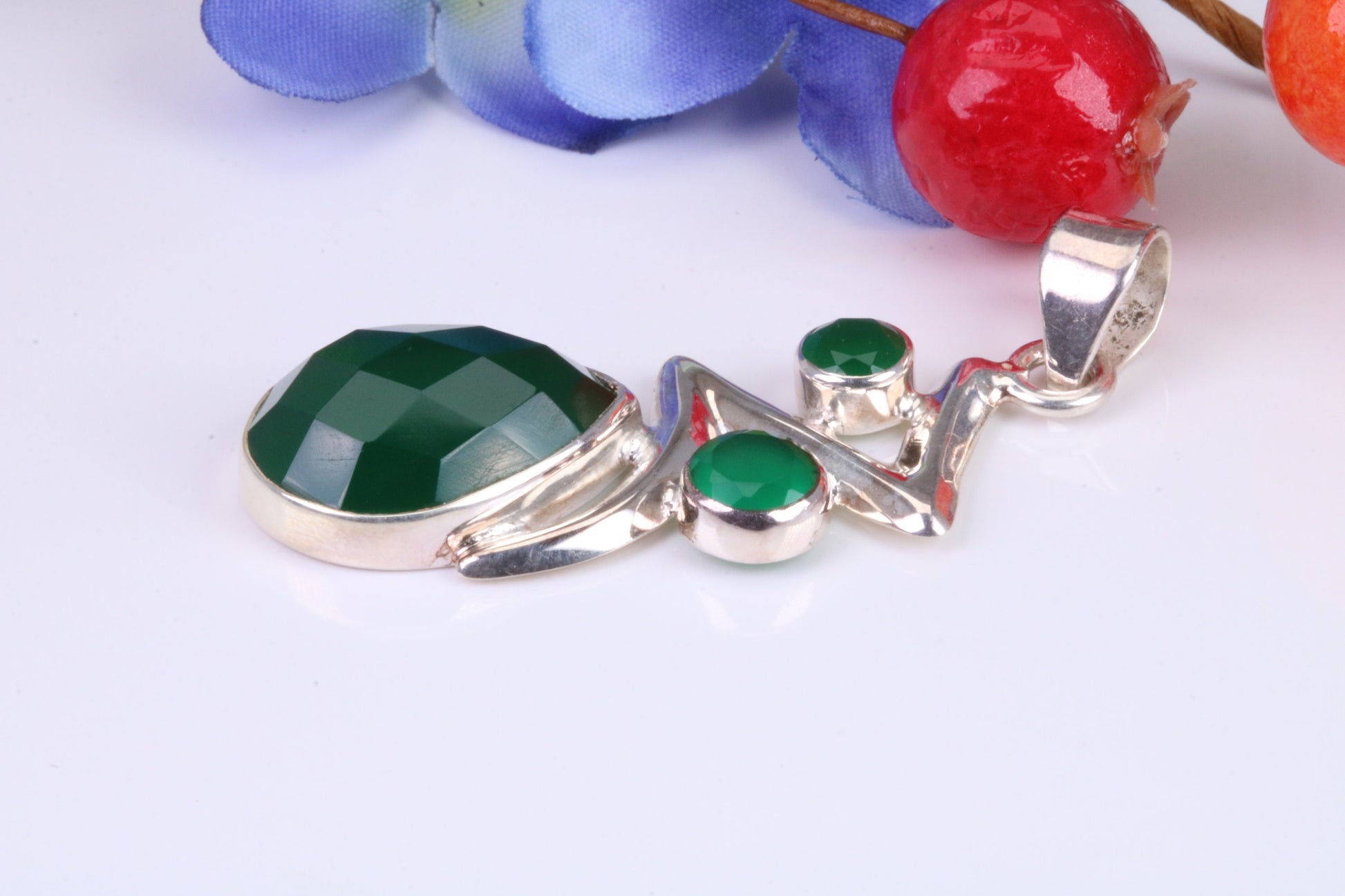 Very Large Green Agate and Emerald C Z Pendant in Sterling Silver