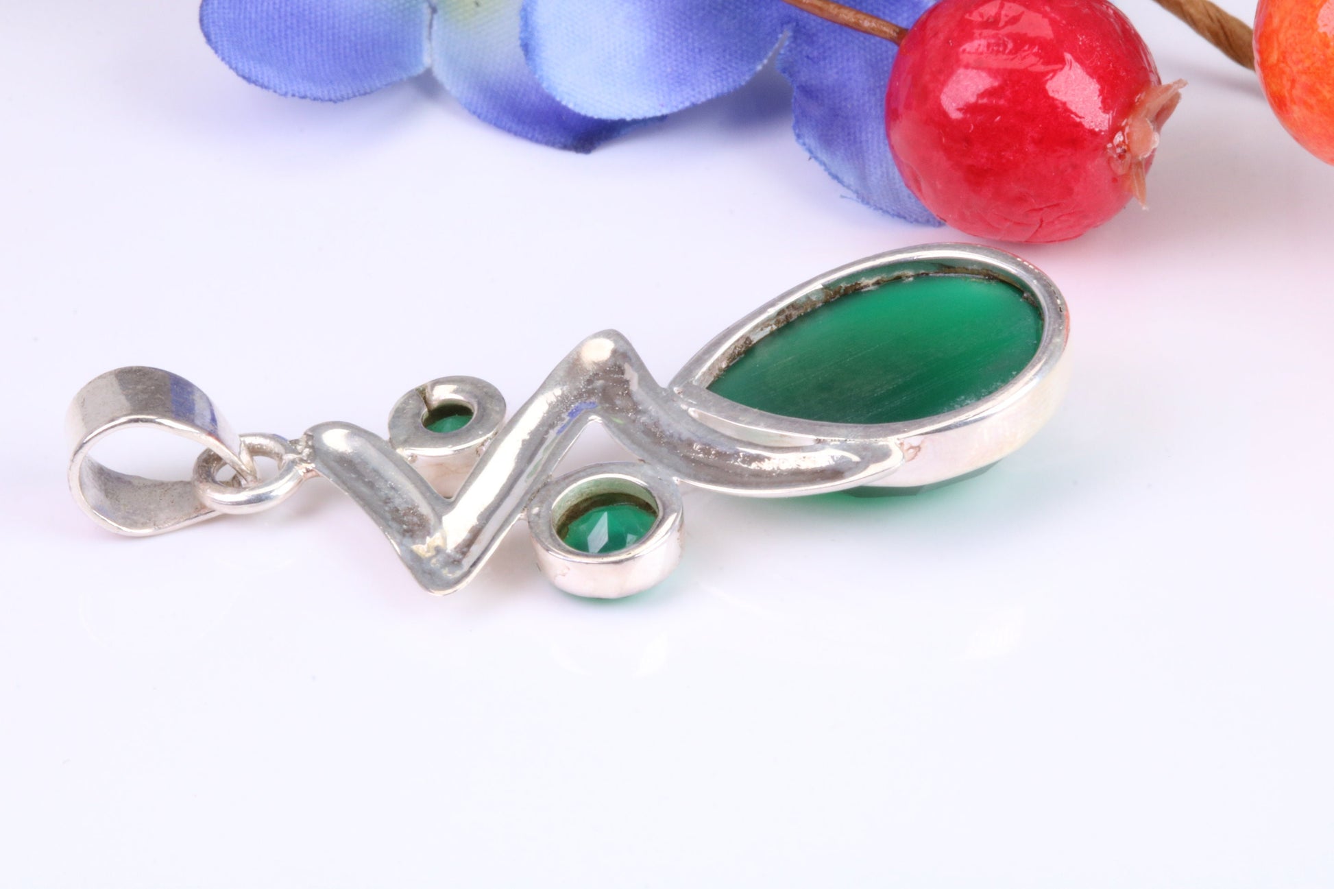 Very Large Green Agate and Emerald C Z Necklace in Sterling Silver