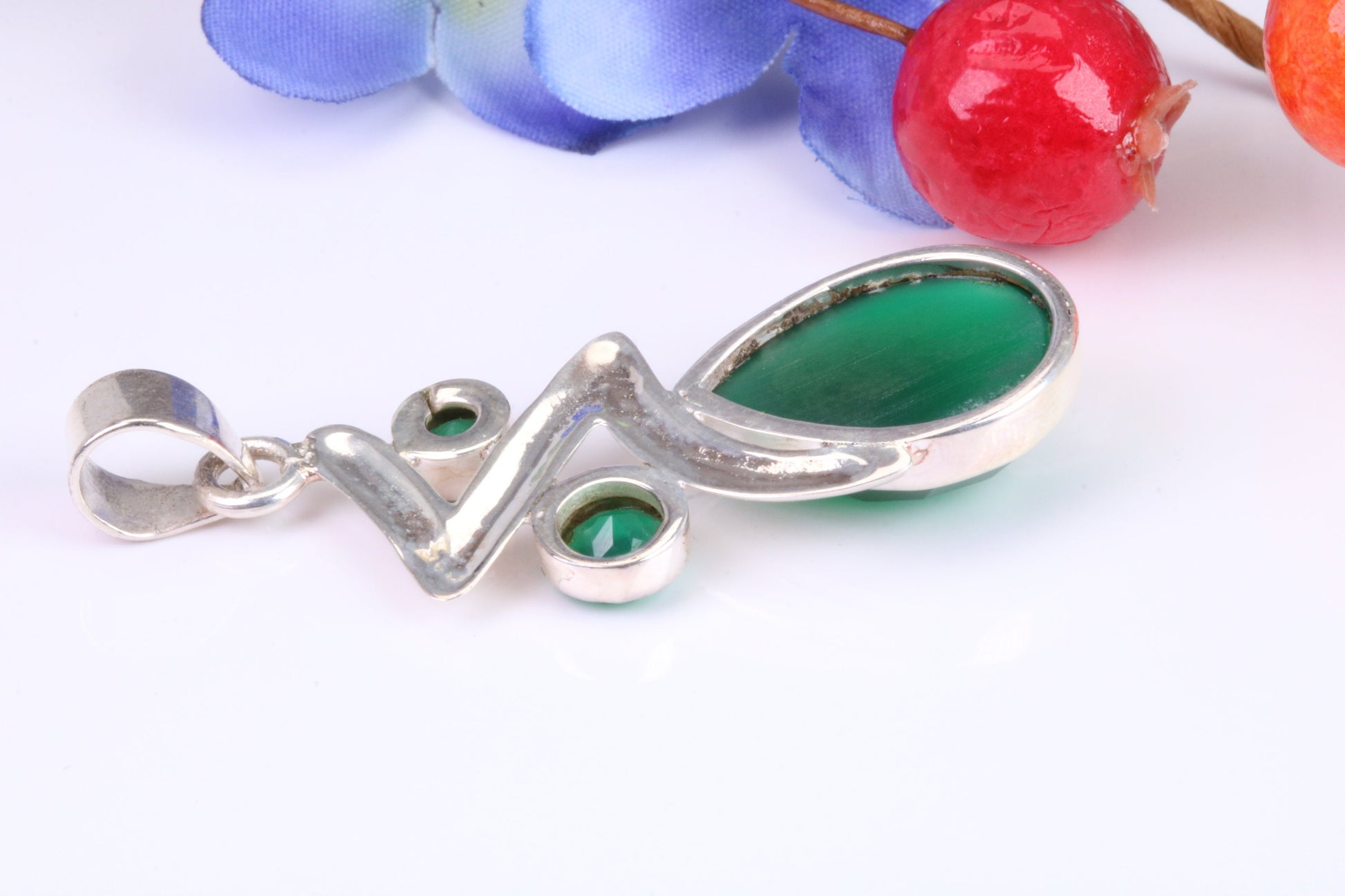 Very Large Green Agate and Emerald C Z Pendant in Sterling Silver