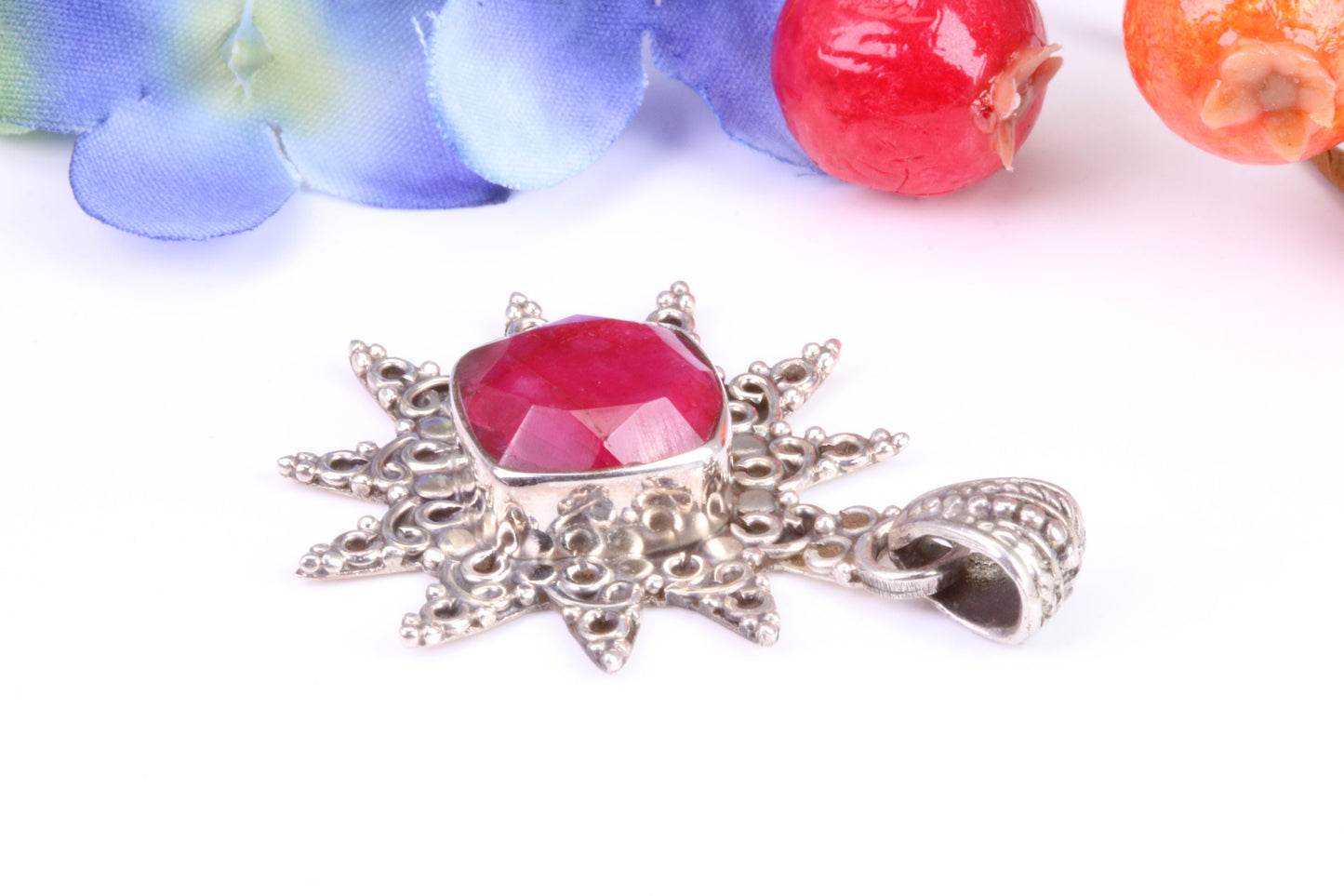 Real Ruby set Sun Necklace set in Sterling Silver