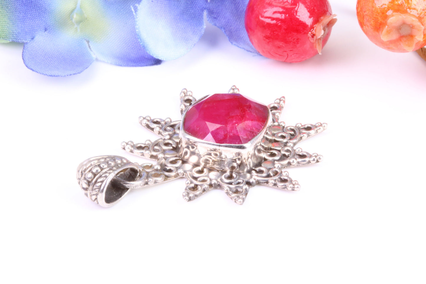 Real Ruby set Sun Necklace set in Sterling Silver