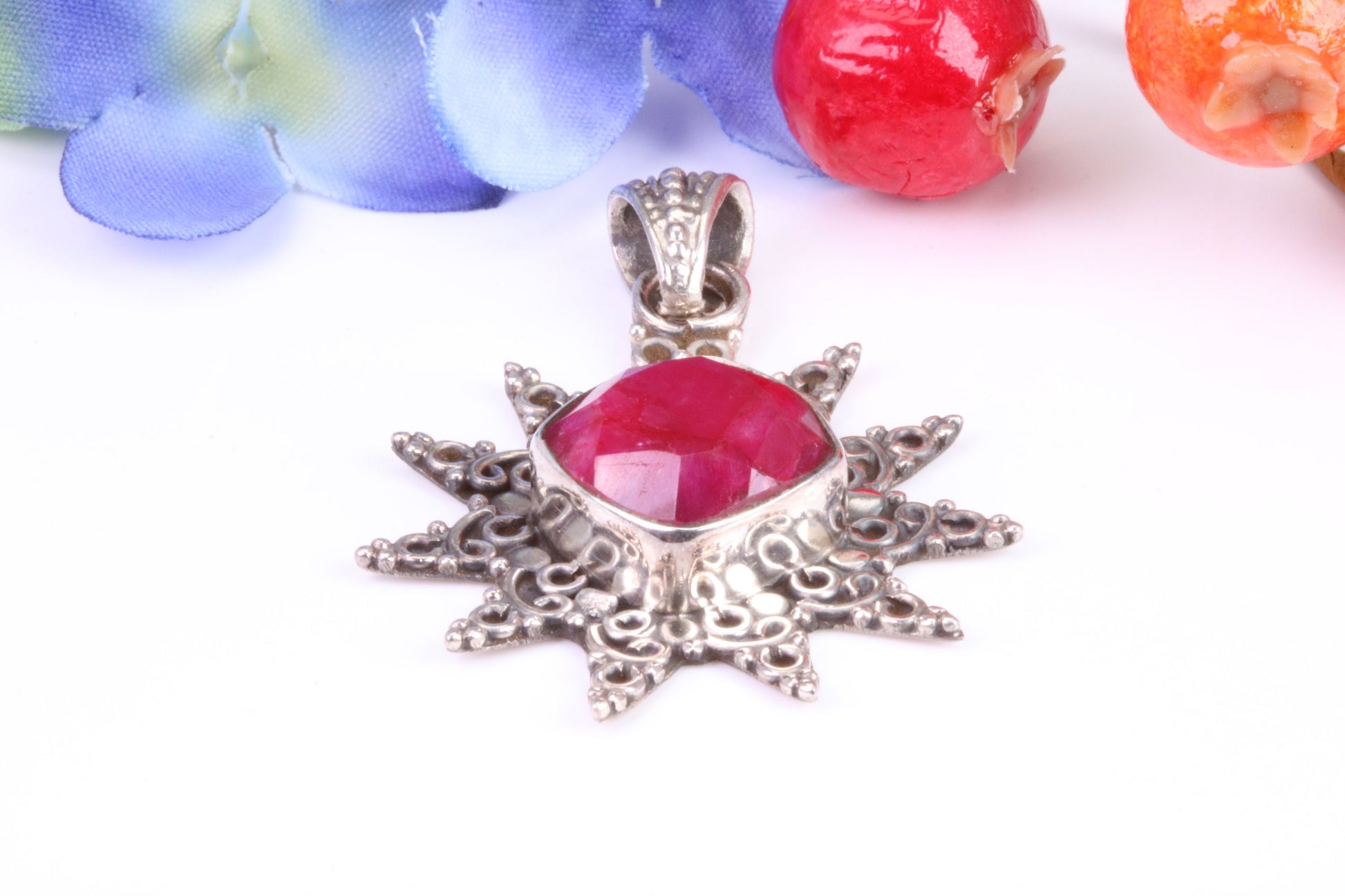 Real Ruby set Sun Necklace set in Sterling Silver