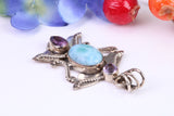 Large Blue Agate and Amethyst Gemstones Sterling Silver Pendant