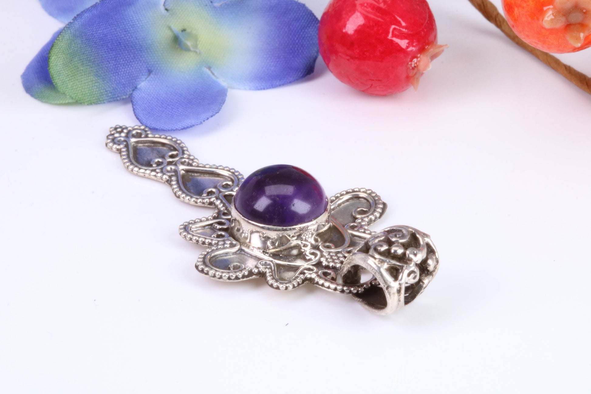 Real Cabochon cut Amethyst set Necklace in Sterling Silver