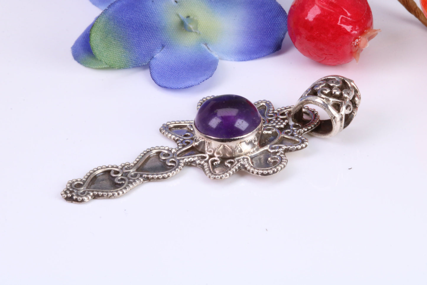 Real Cabochon cut Amethyst set Necklace in Sterling Silver