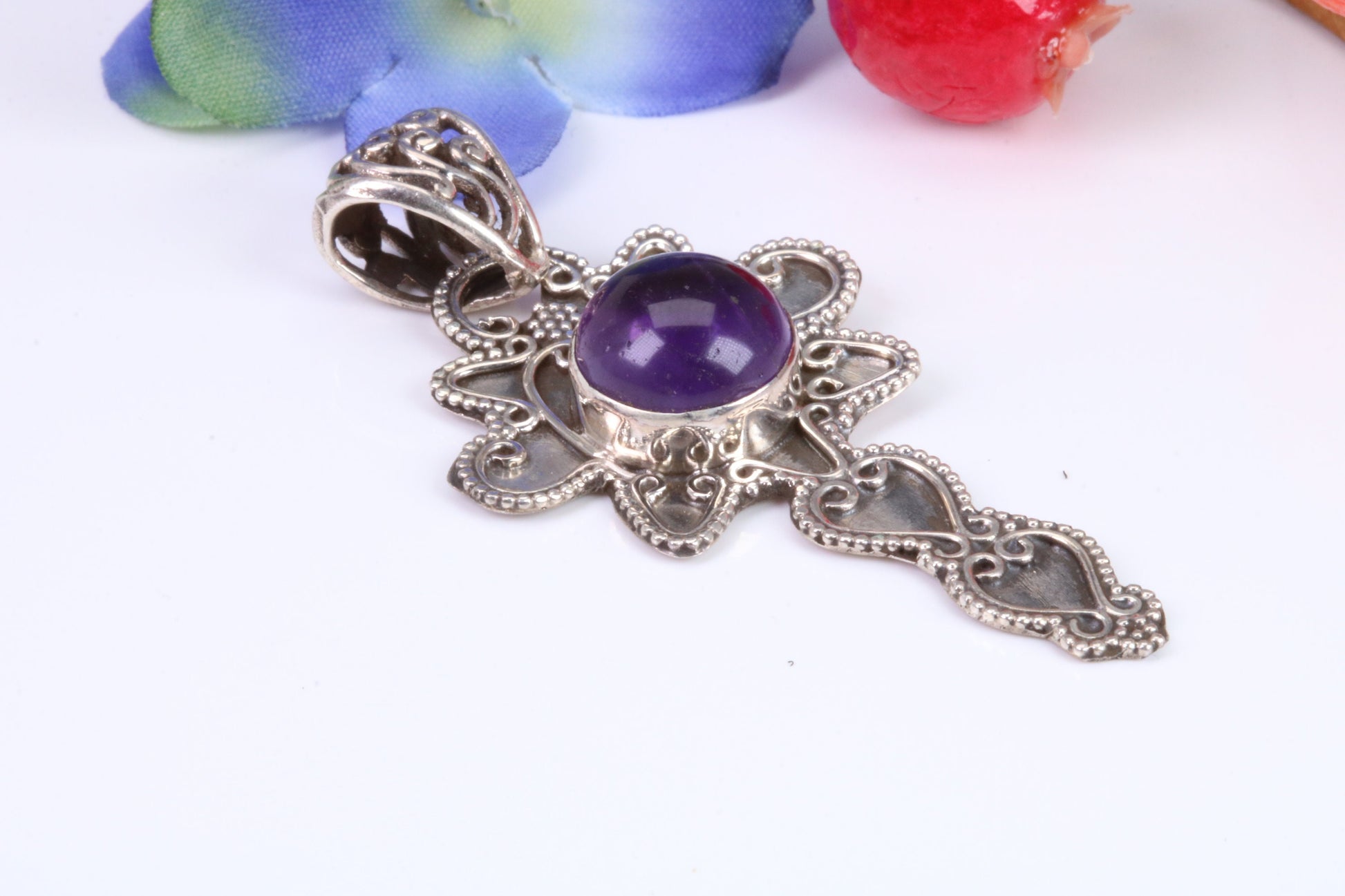 Real Cabochon cut Amethyst set Necklace in Sterling Silver