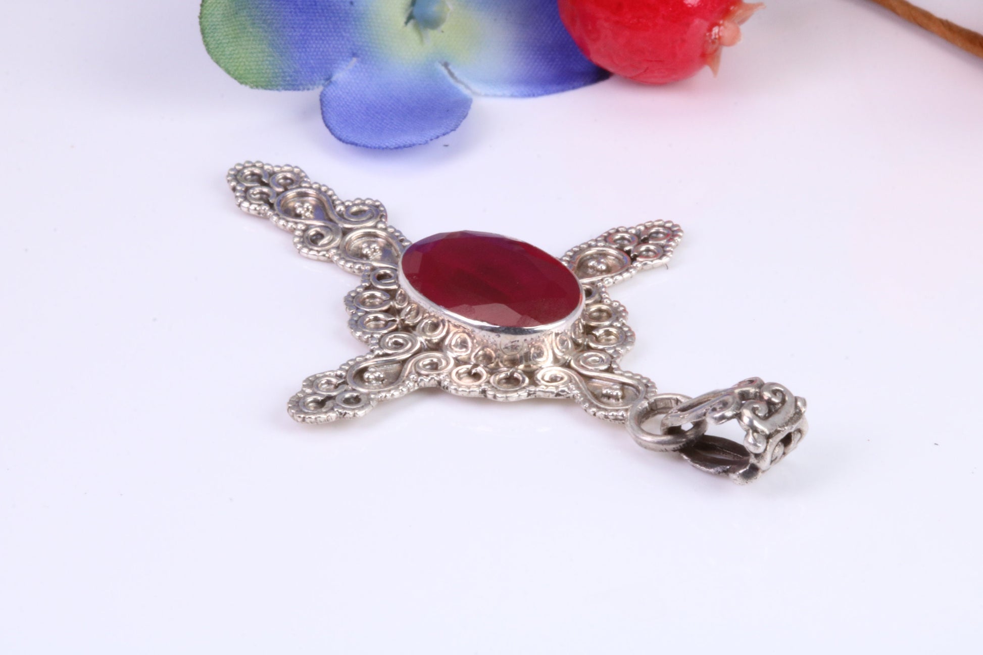 Real Ruby set Cross Necklace in Sterling Silver