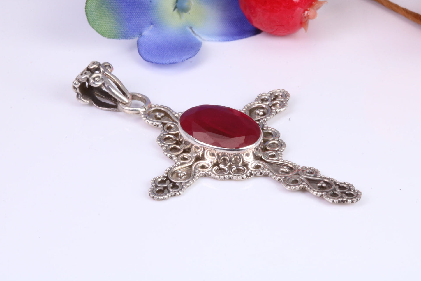 Real Ruby set Cross Necklace in Sterling Silver