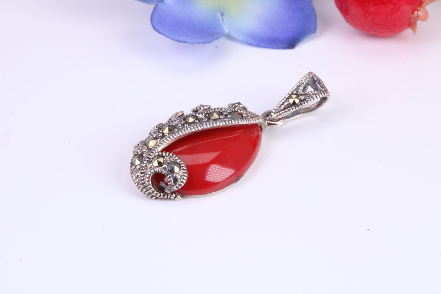 Red Agate and Marcasite set Pendant in Sterling Silver