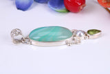 Large Green Agate, Peridot and Pearl Pendant in Sterling Silver