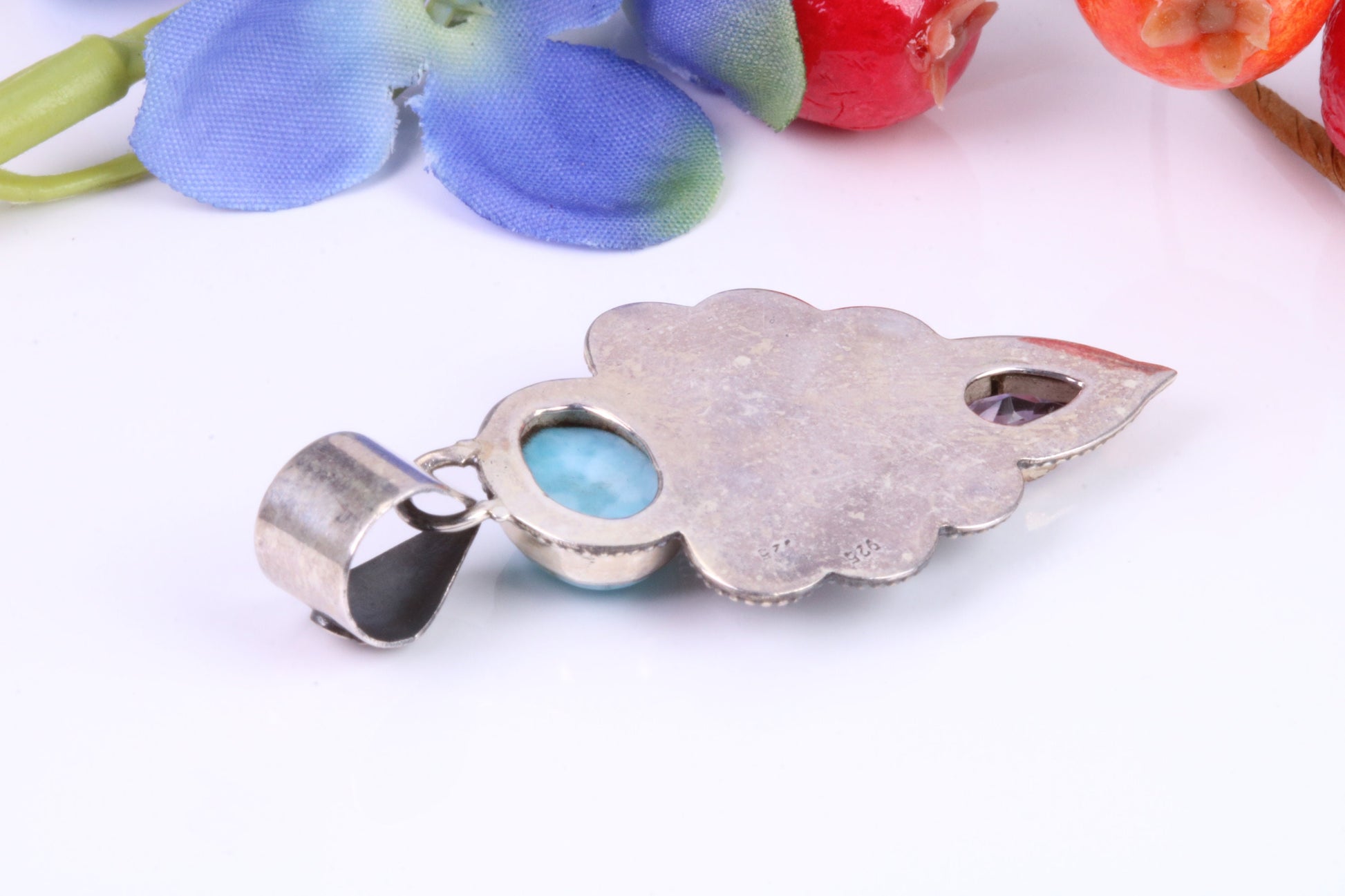 Large Multi Gemstones Pendant set in Sterling Silver