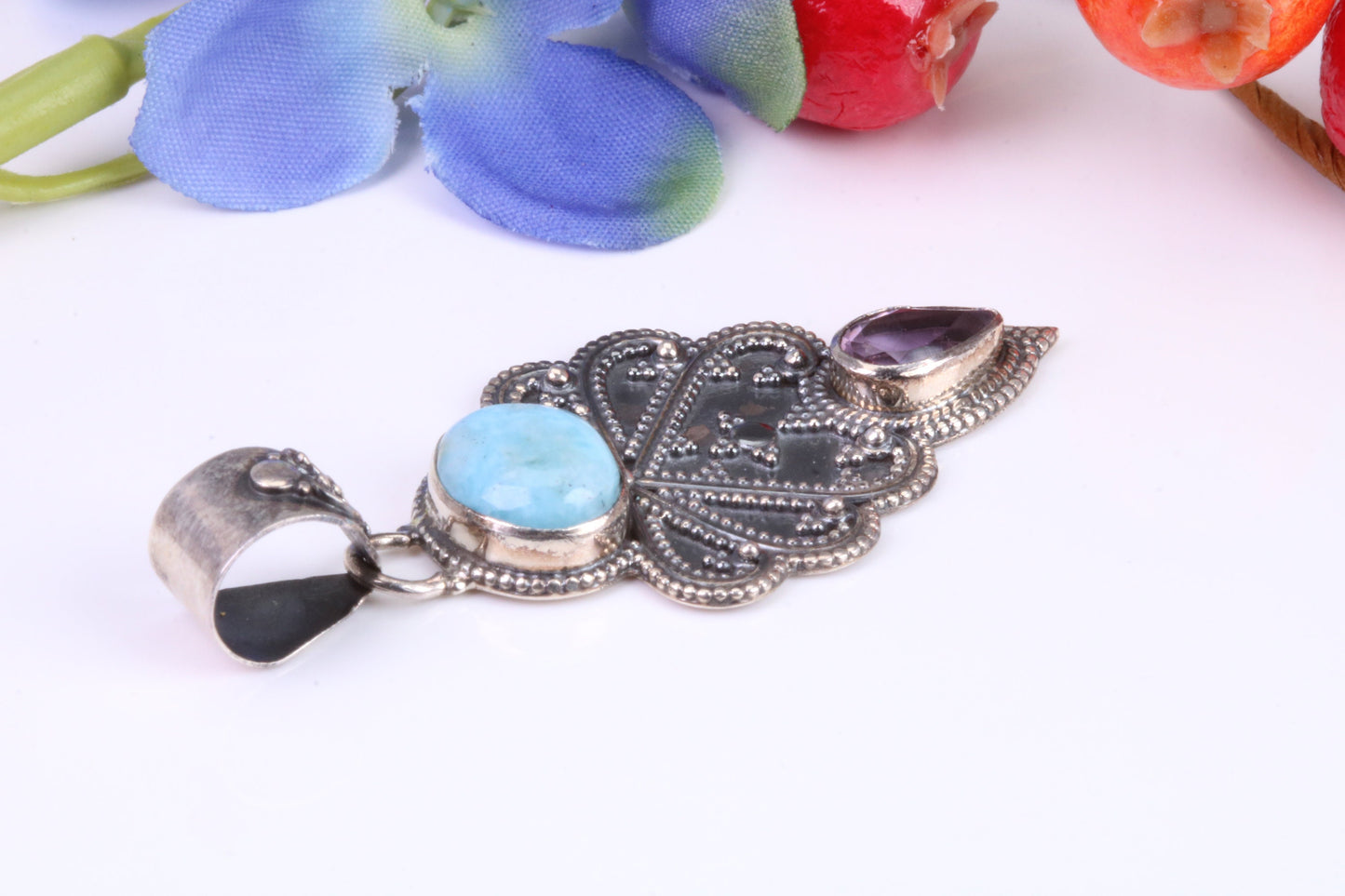 Large Multi Gemstones Pendant set in Sterling Silver