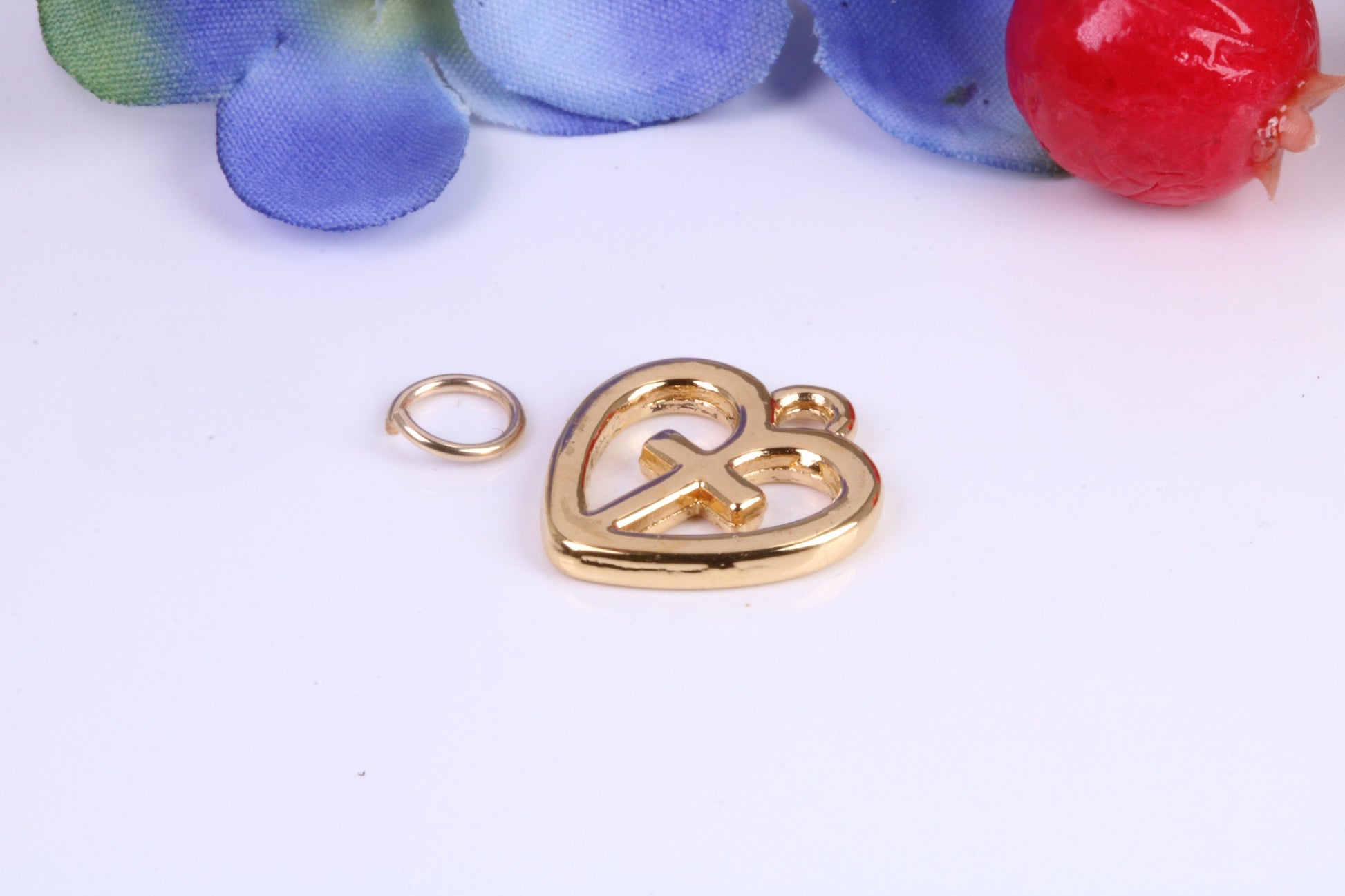 Cross In Love Heart Charm, Traditional Charm, Made from Solid Cast Yellow Gold, British Hallmarked