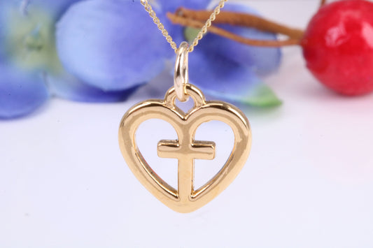 Cross In Heart Necklace, Made from Solid Cast Yellow Gold, British Hallmarked