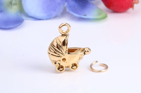 Baby Pram Charm, Traditional Charm, Made from Solid Cast Yellow Gold, British Hallmarked