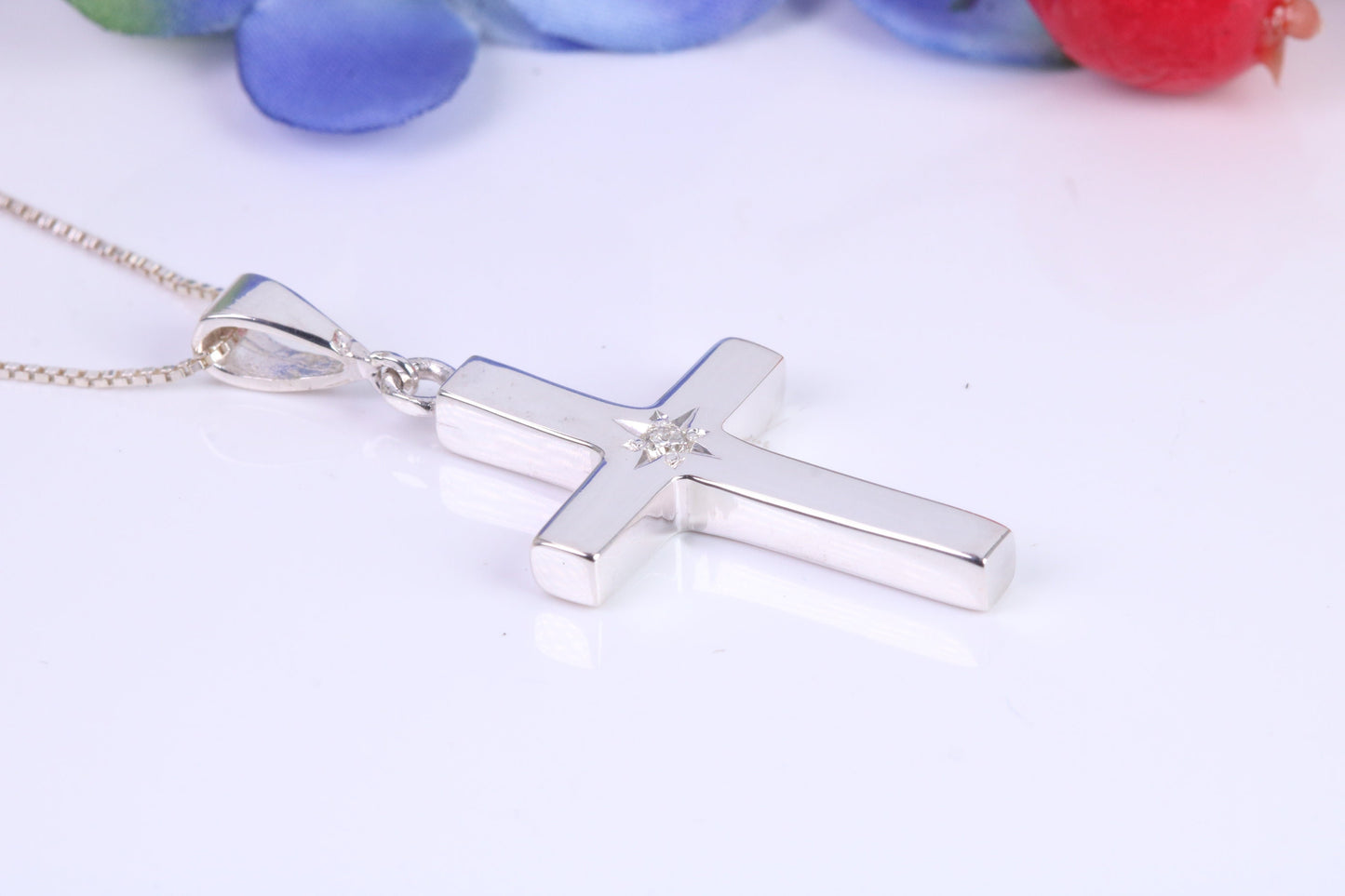 Chunky Real Diamond set Cross Necklace, Made From Solid Cast Silver, Complete With Chain