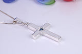 Chunky Real Blue Sapphire set Cross Necklace, Made From Solid Cast Silver, Complete With Chain