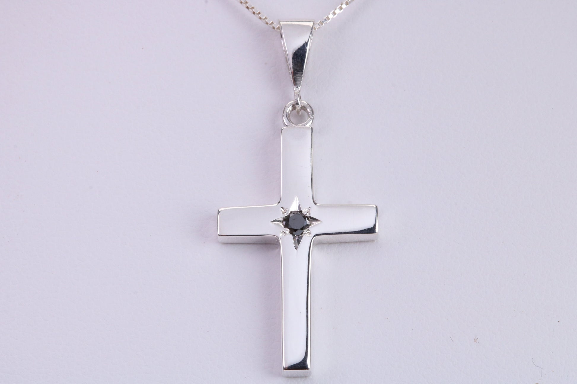 Chunky Real Black Diamond set Cross Necklace, Made From Solid Cast Silver, Complete With Chain