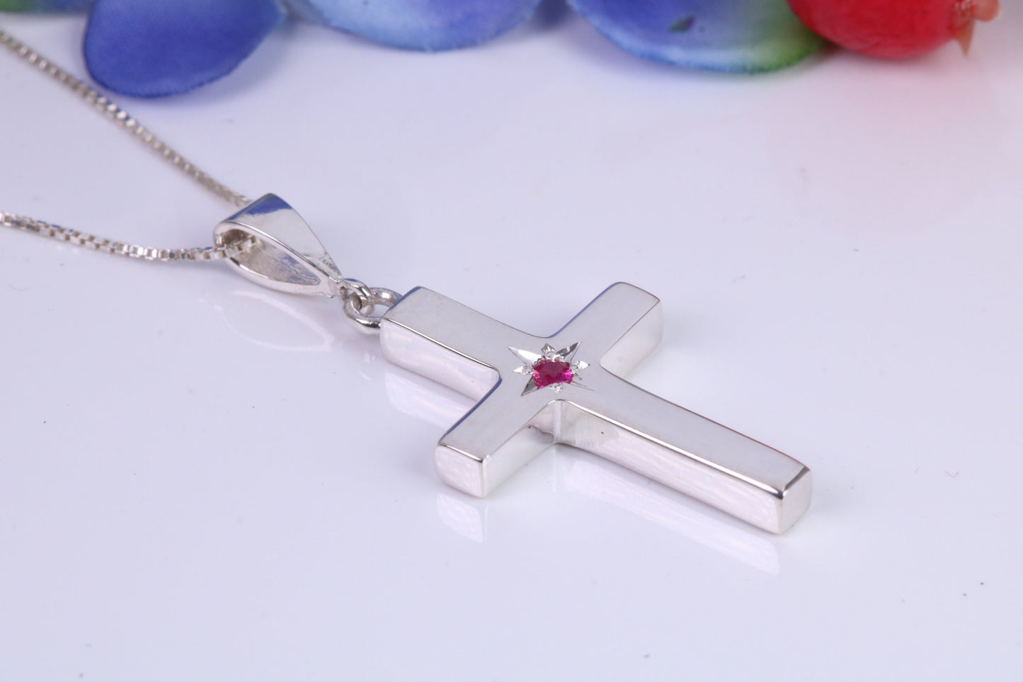 Chunky Real Ruby set Cross Necklace, Made From Solid Cast Silver, Complete With Chain