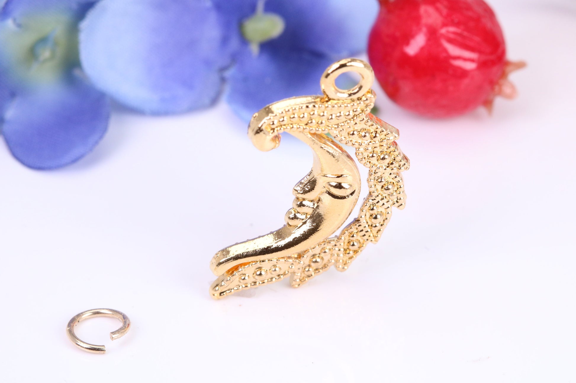 Floral Moon Charm, Traditional Charm, Made from Solid Cast Yellow Gold, British Hallmarked