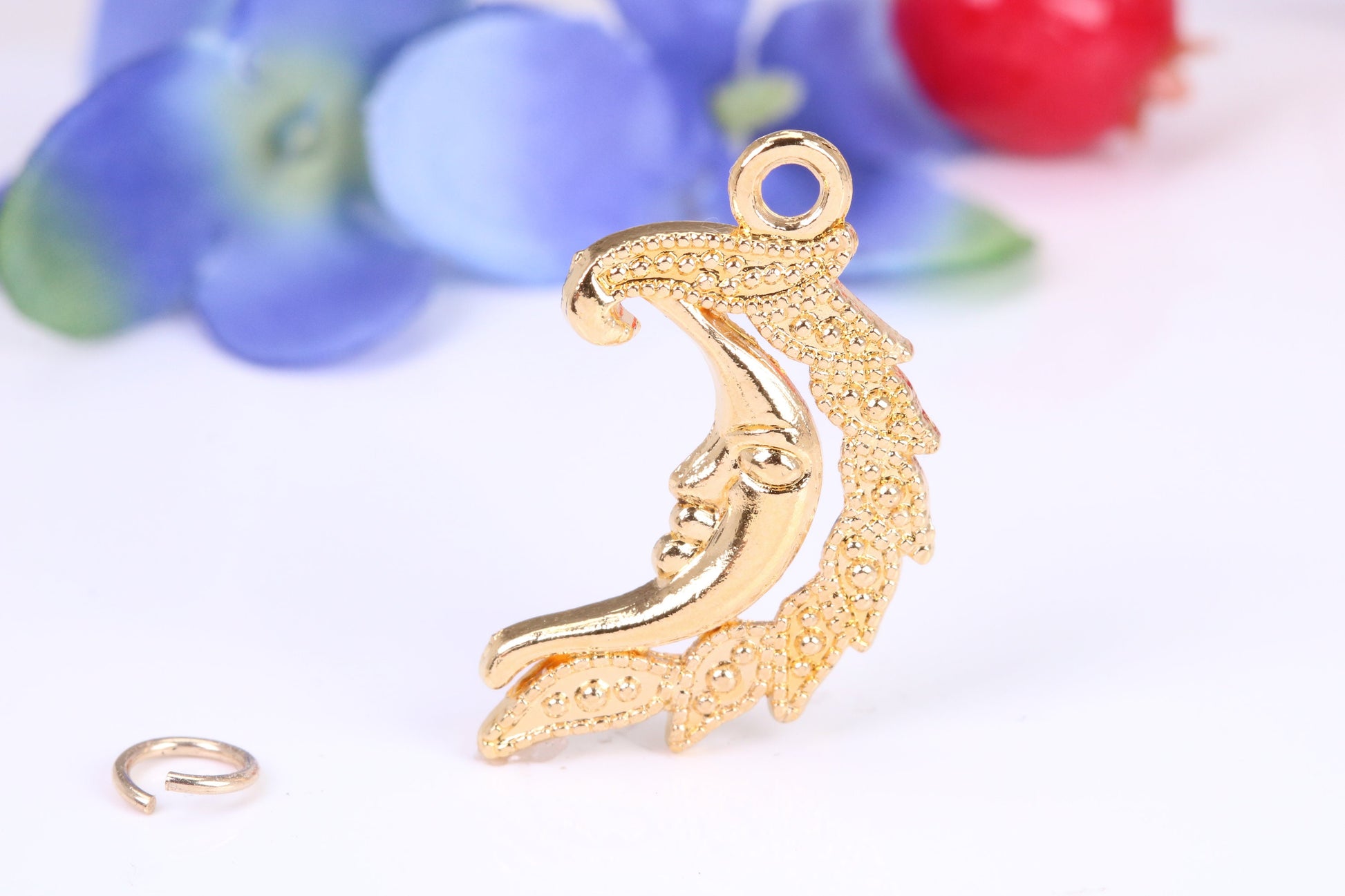 Floral Moon Charm, Traditional Charm, Made from Solid Cast Yellow Gold, British Hallmarked