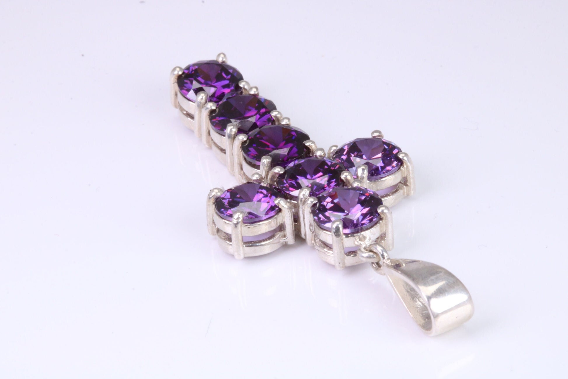 Large and Chunky Sterling Silver Amethyst C Z set Cross.