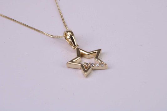 Natural Diamond set Star Necklace, 18 Inch Long Chain, Made from Solid Yellow Gold with High Polished Finish