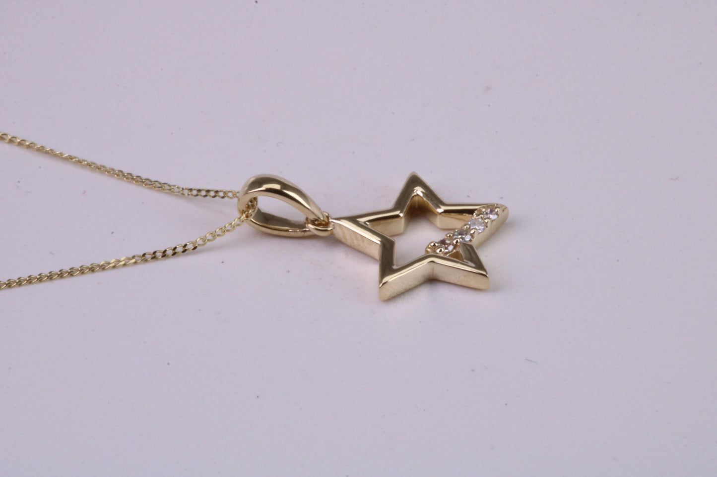 Natural Diamond set Star Necklace, 18 Inch Long Chain, Made from Solid Yellow Gold with High Polished Finish