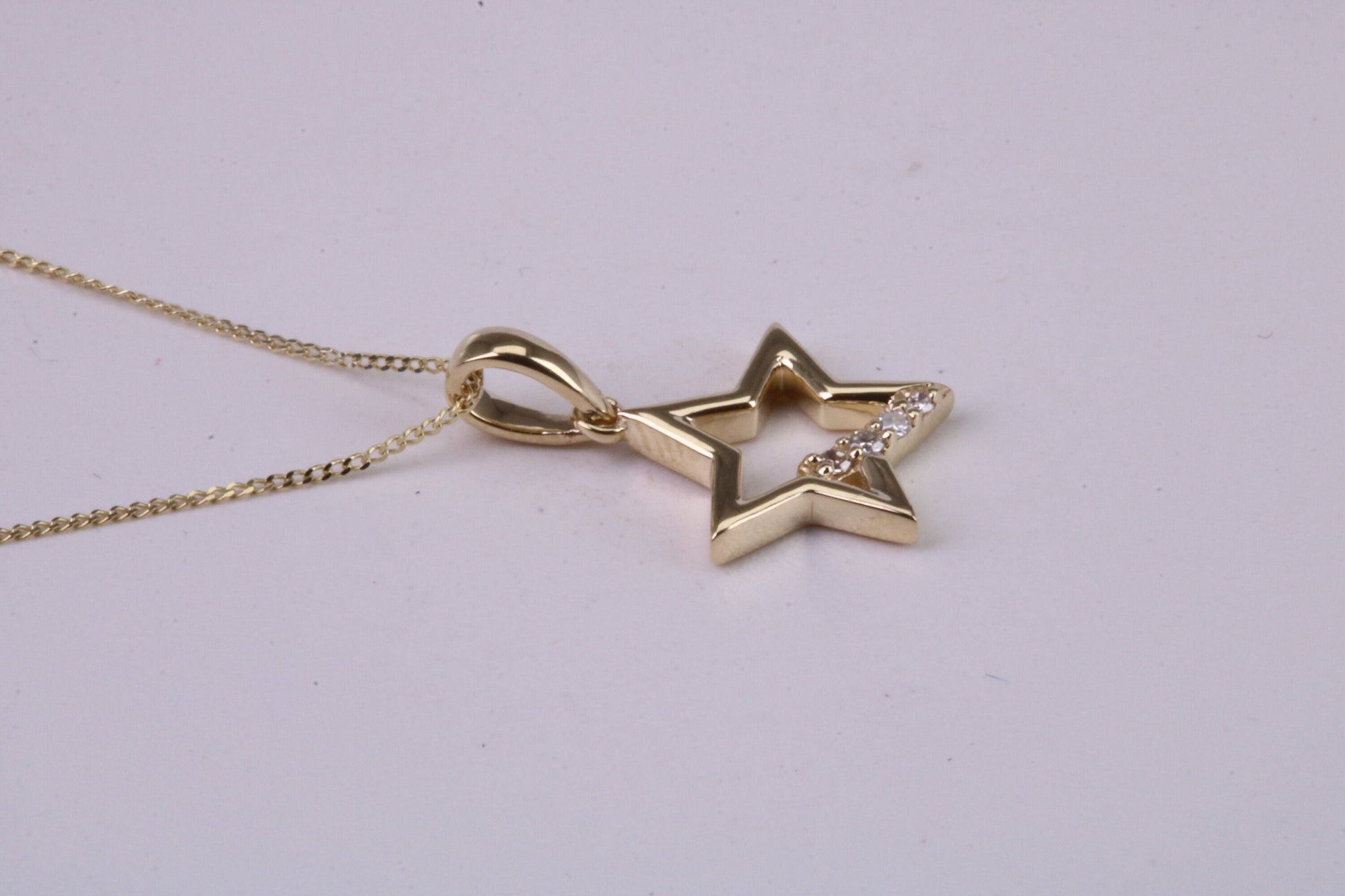 Natural Diamond set Star Necklace, 18 Inch Long Chain, Made from Solid Yellow Gold with High Polished Finish