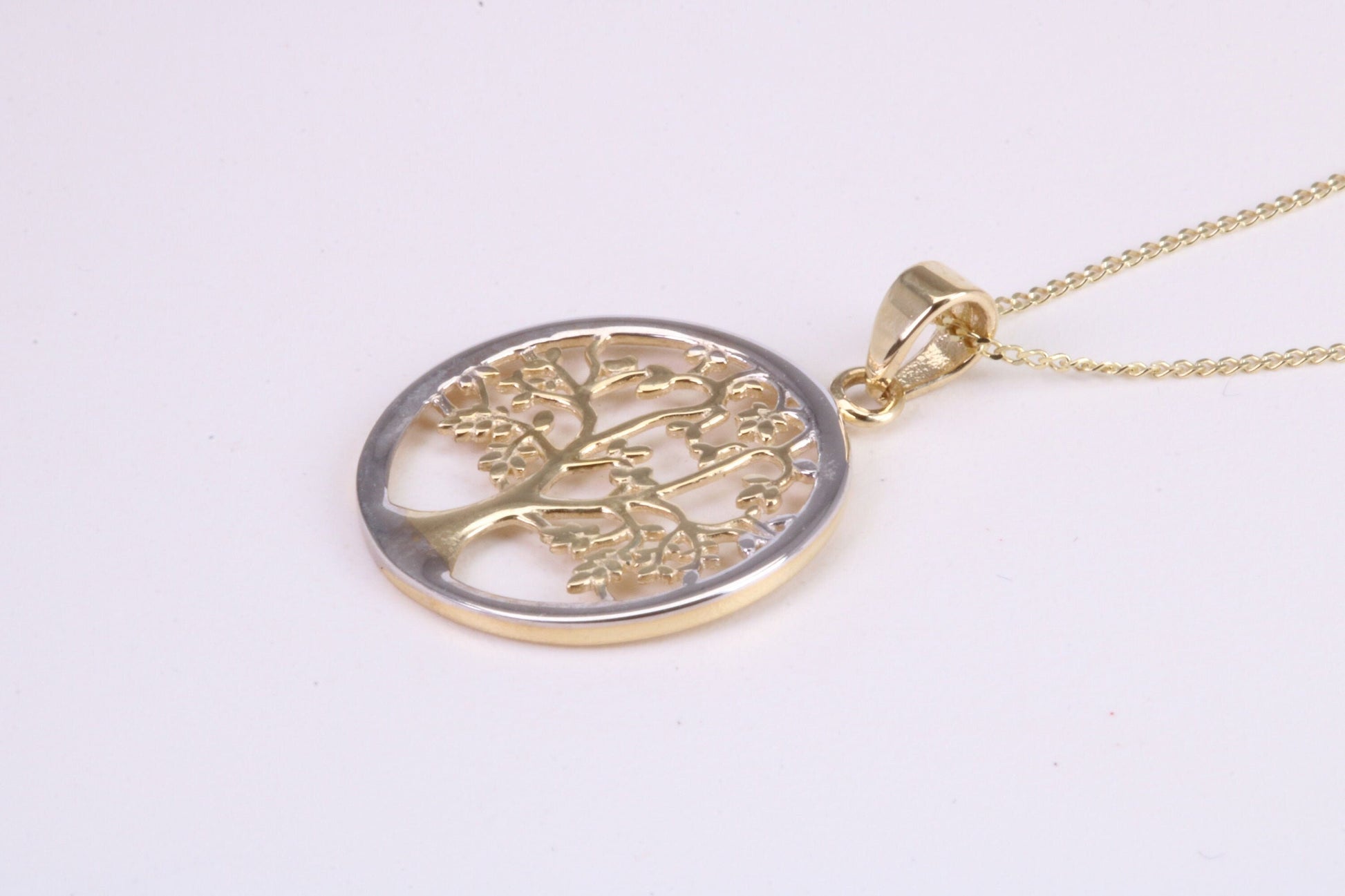 Tree of Live Necklace, Two Tone Finished Together with 18 Inch Long Chain, Made from Solid Yellow Gold with High Polished Finish