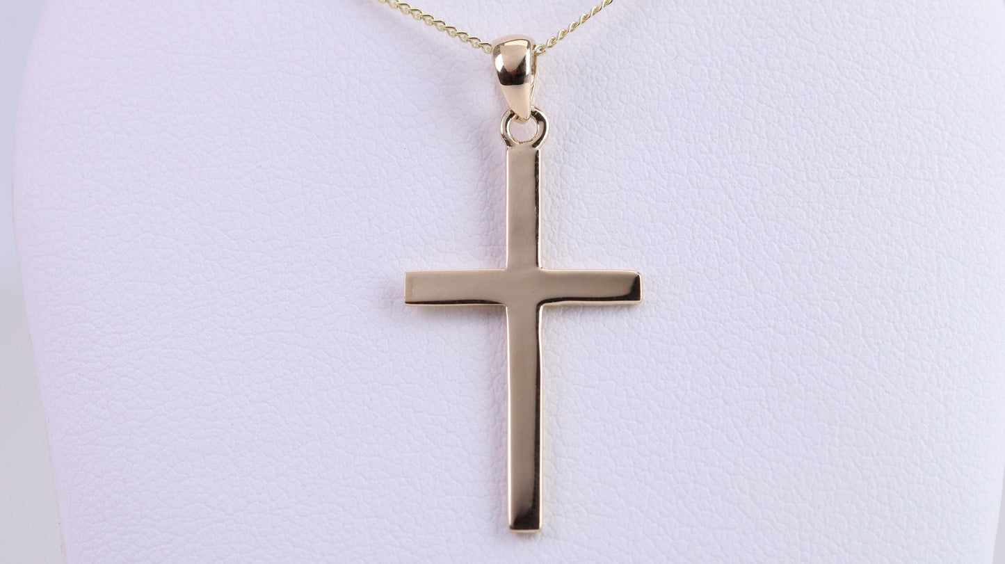 Simple 33 mm Long Cross Together with 18 Inch Long Chain, Made from Solid Yellow Gold with High Polished Finish