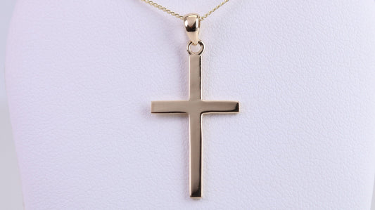 Simple 33 mm Long Cross Together with 18 Inch Long Chain, Made from Solid Yellow Gold with High Polished Finish