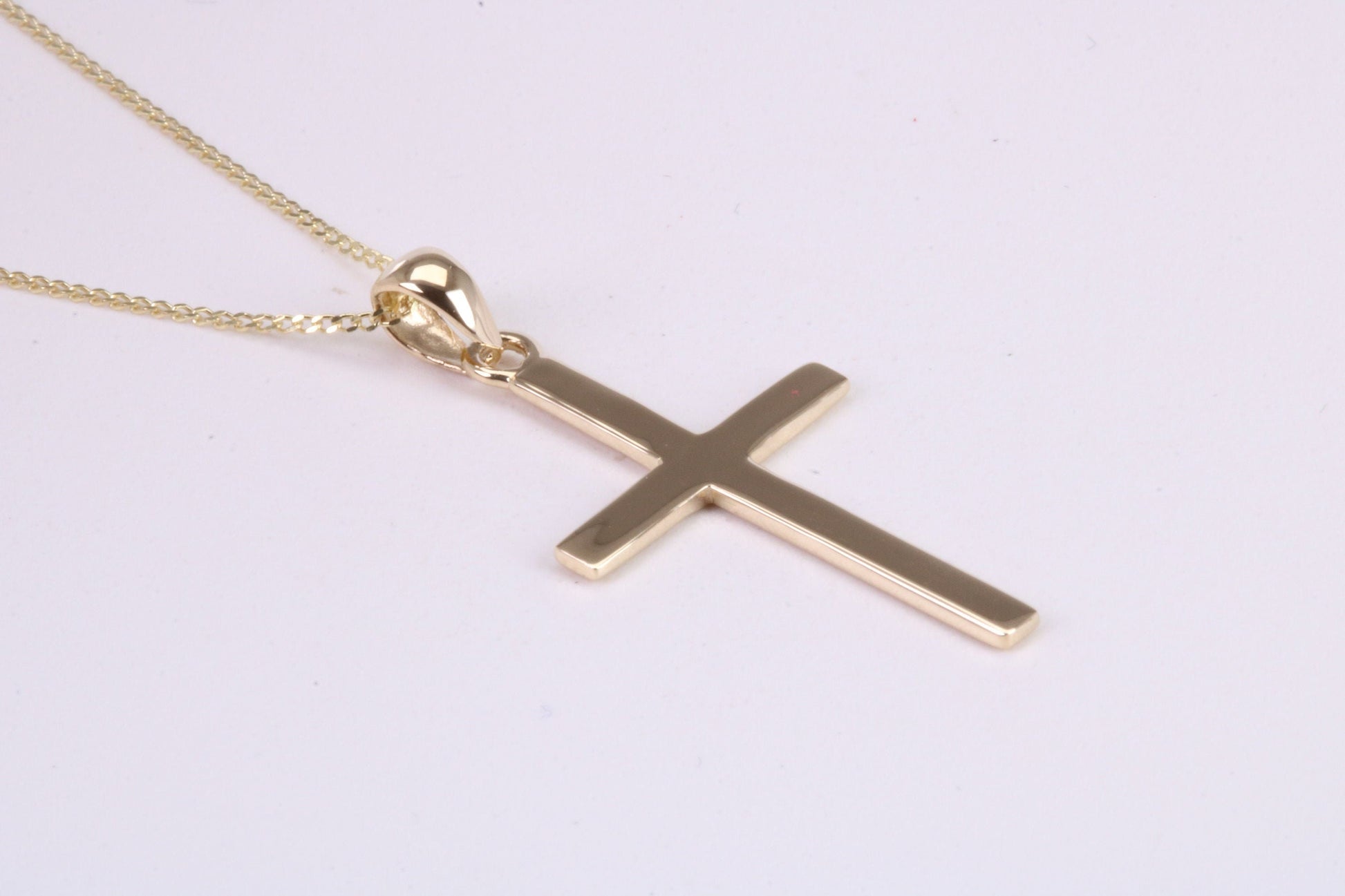 Simple 33 mm Long Cross Together with 18 Inch Long Chain, Made from Solid Yellow Gold with High Polished Finish