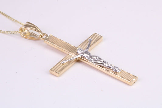 35 mm Long Two Tone Crucifix Necklace Together with 18 Inch Long Chain, Made from Solid Yellow Gold with High Polished Finish