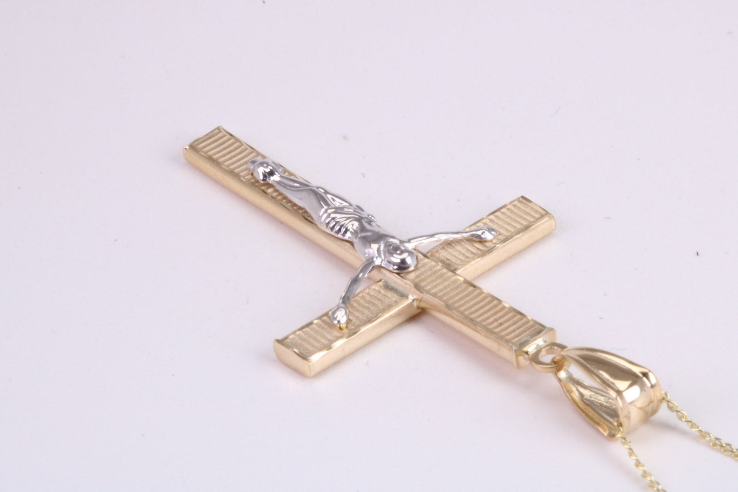 35 mm Long Two Tone Crucifix Necklace Together with 18 Inch Long Chain, Made from Solid Yellow Gold with High Polished Finish