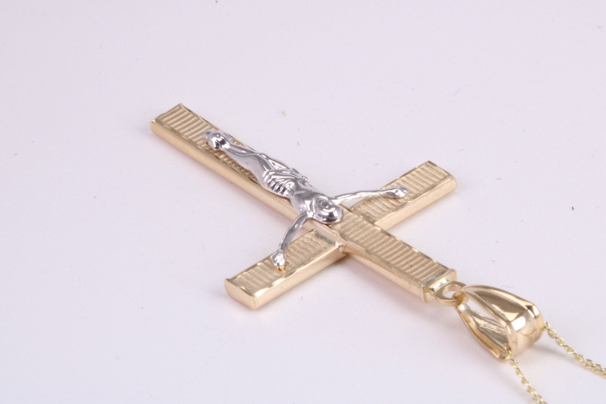 35 mm Long Two Tone Crucifix Necklace Together with 18 Inch Long Chain, Made from Solid Yellow Gold with High Polished Finish