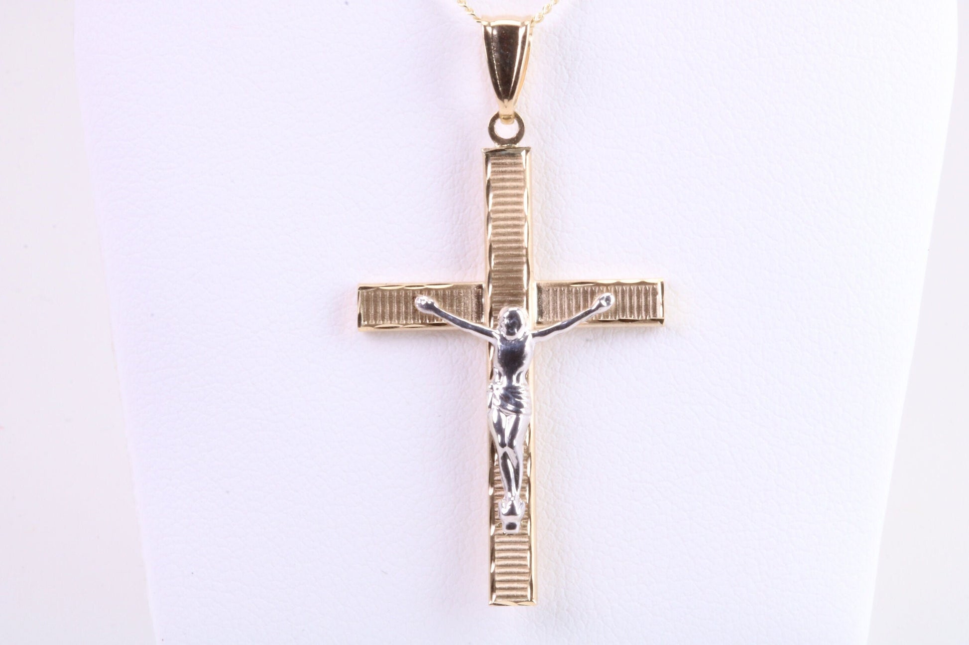 35 mm Long Two Tone Crucifix Necklace Together with 18 Inch Long Chain, Made from Solid Yellow Gold with High Polished Finish