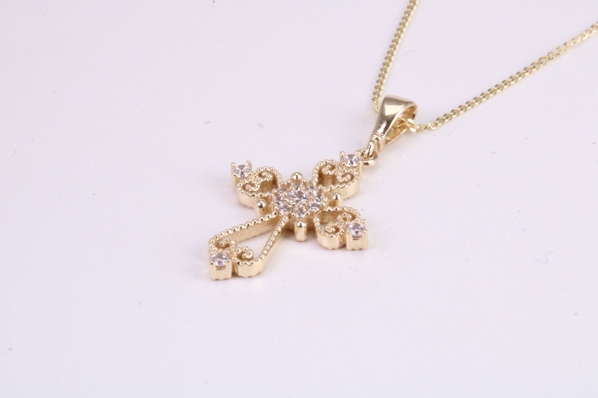 20 mm Long C Z set Filigree Cross Together with 18 Inch Long Chain, Made from Solid Yellow Gold with High Polished Finish