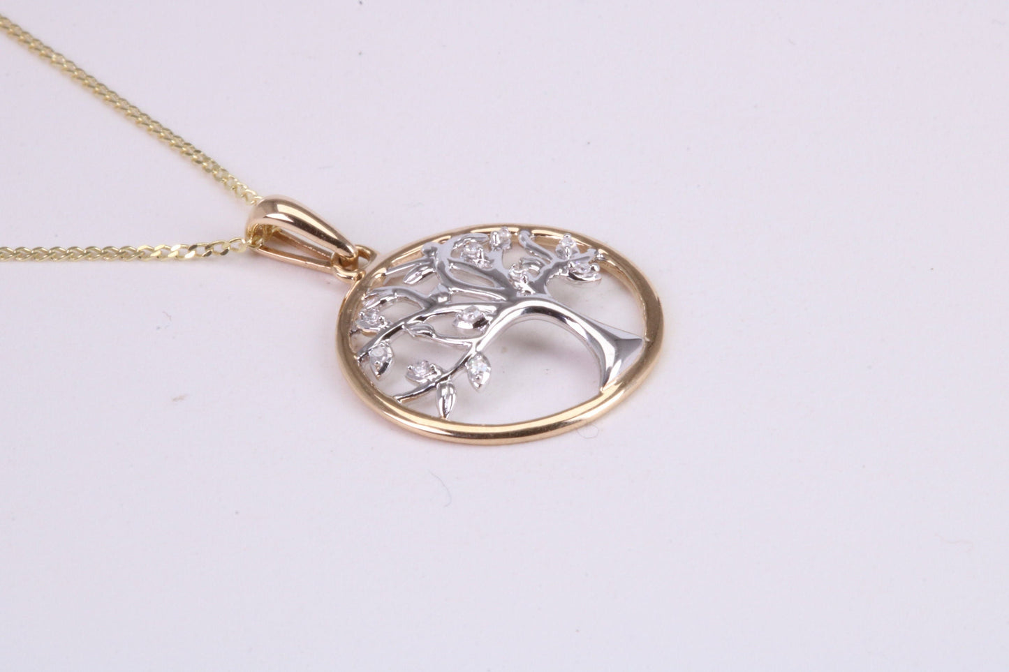 Diamond set Tree of Live Necklace, Two Tone Finish, Together with 18 Inch Long Chain, Made from Solid Yellow Gold