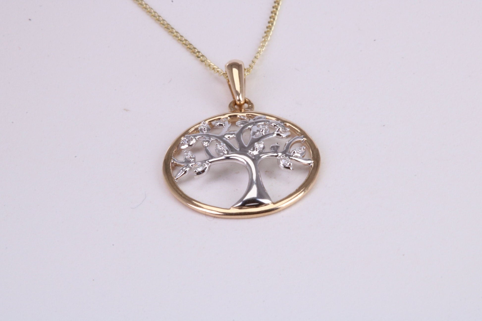 Diamond set Tree of Live Necklace, Two Tone Finish, Together with 18 Inch Long Chain, Made from Solid Yellow Gold