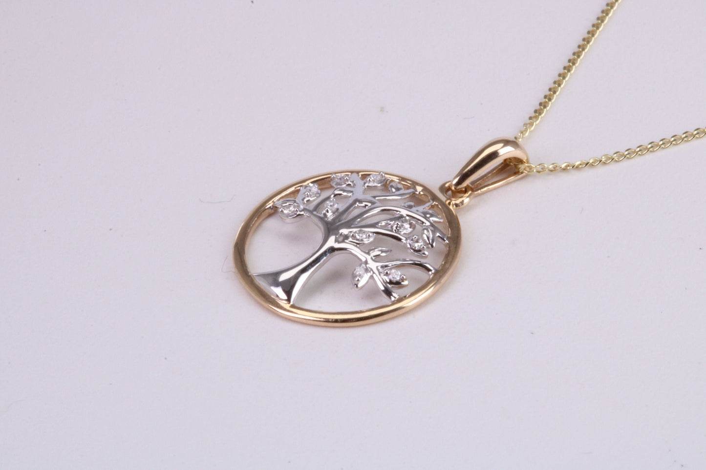 Diamond set Tree of Live Necklace, Two Tone Finish, Together with 18 Inch Long Chain, Made from Solid Yellow Gold