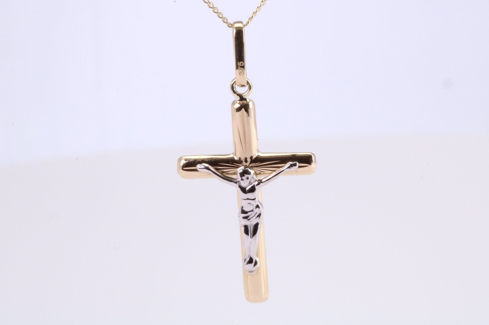 Two Tone Crucifix Necklace Together with 18 Inch Long Chain, Made from Solid Yellow Gold with High Polished Finish