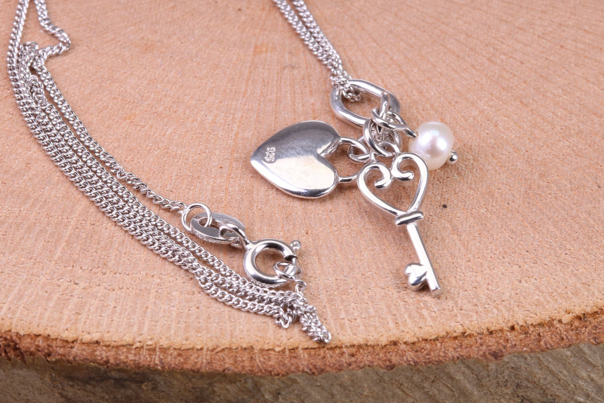 Heart, Key and Pearl Charm Necklace, made from solid Sterling Silver