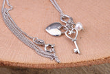 Heart, Key and Pearl Charm Necklace, made from solid Sterling Silver