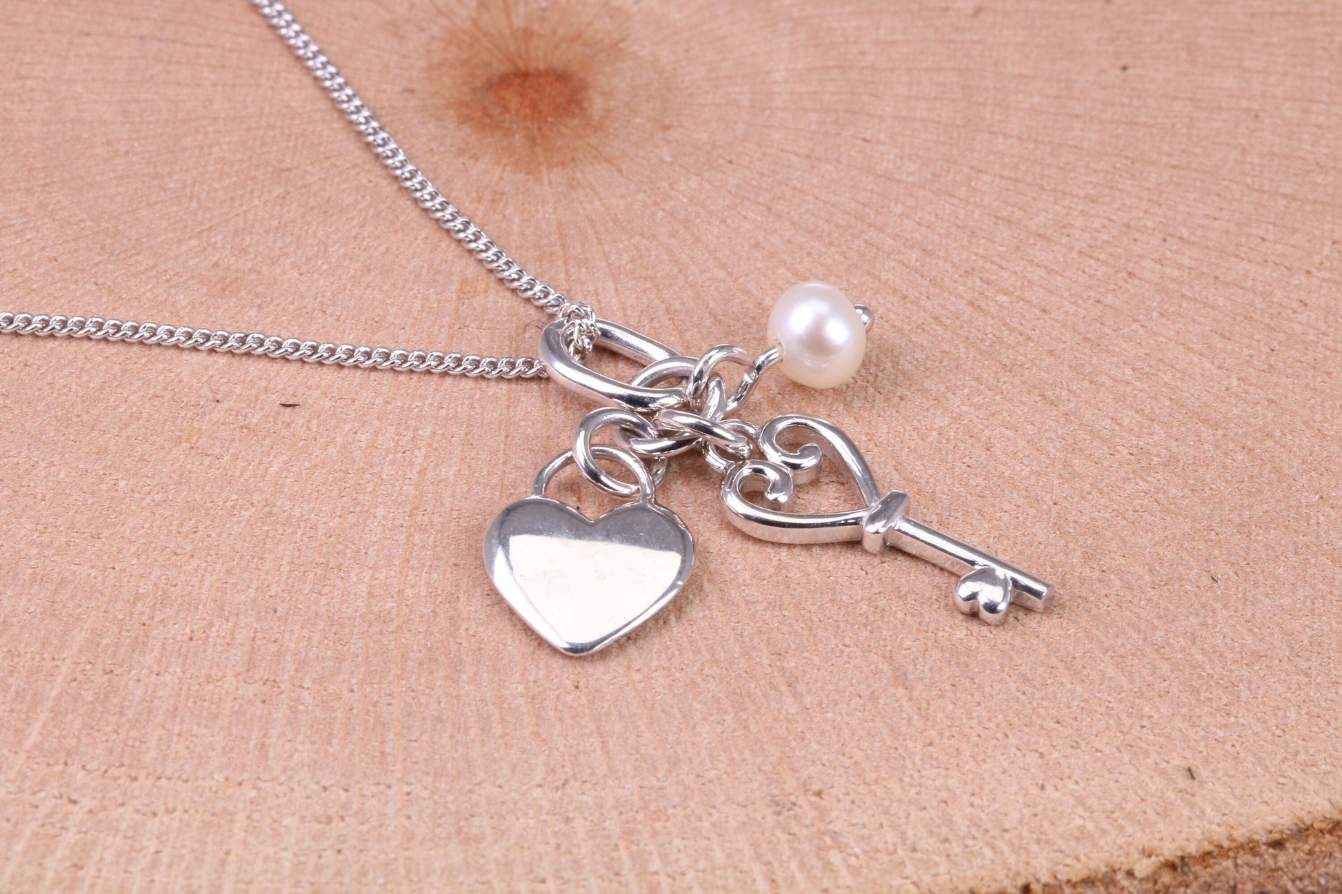 Heart, Key and Pearl Charm Necklace, made from solid Sterling Silver