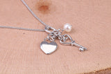 Heart, Key and Pearl Charm Necklace, made from solid Sterling Silver